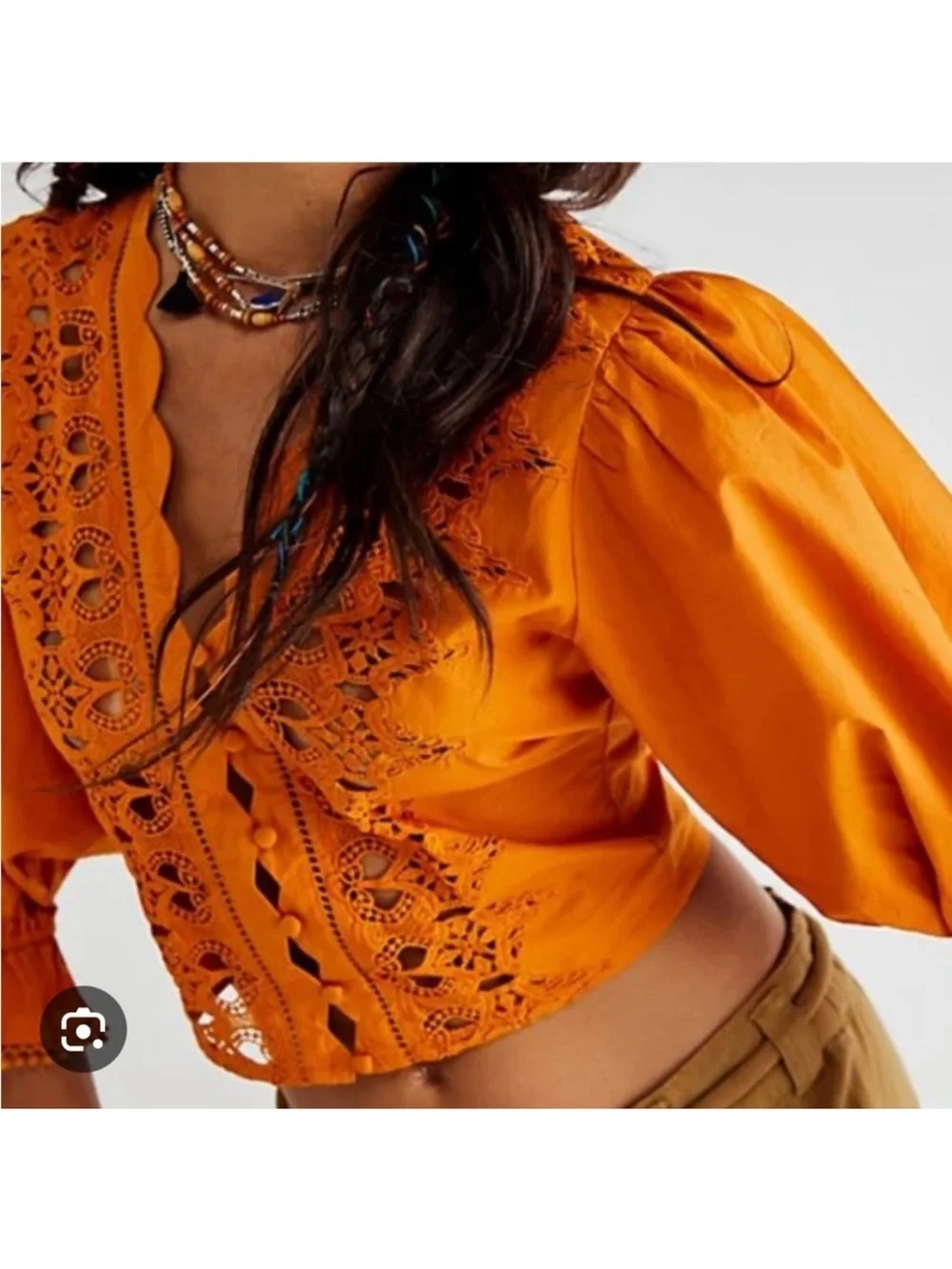 Free People Louella Embroidered Blouse Orange Puffed Sleeve NWT Size small